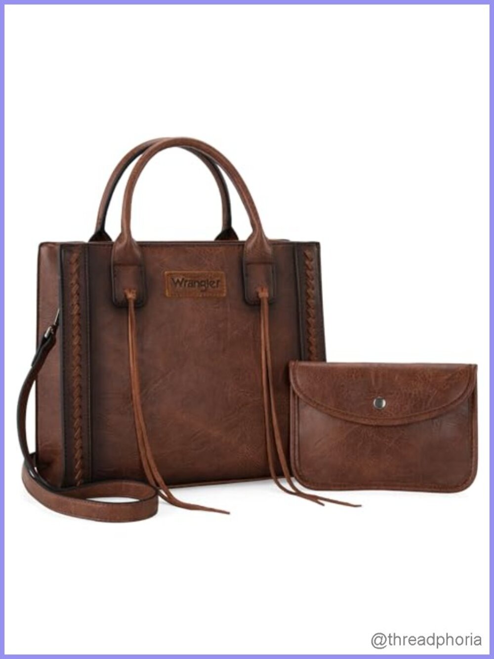 Distressed Vegan Leather Satchel Tote Bag Purse Wallet Set Whipstitch Tassels